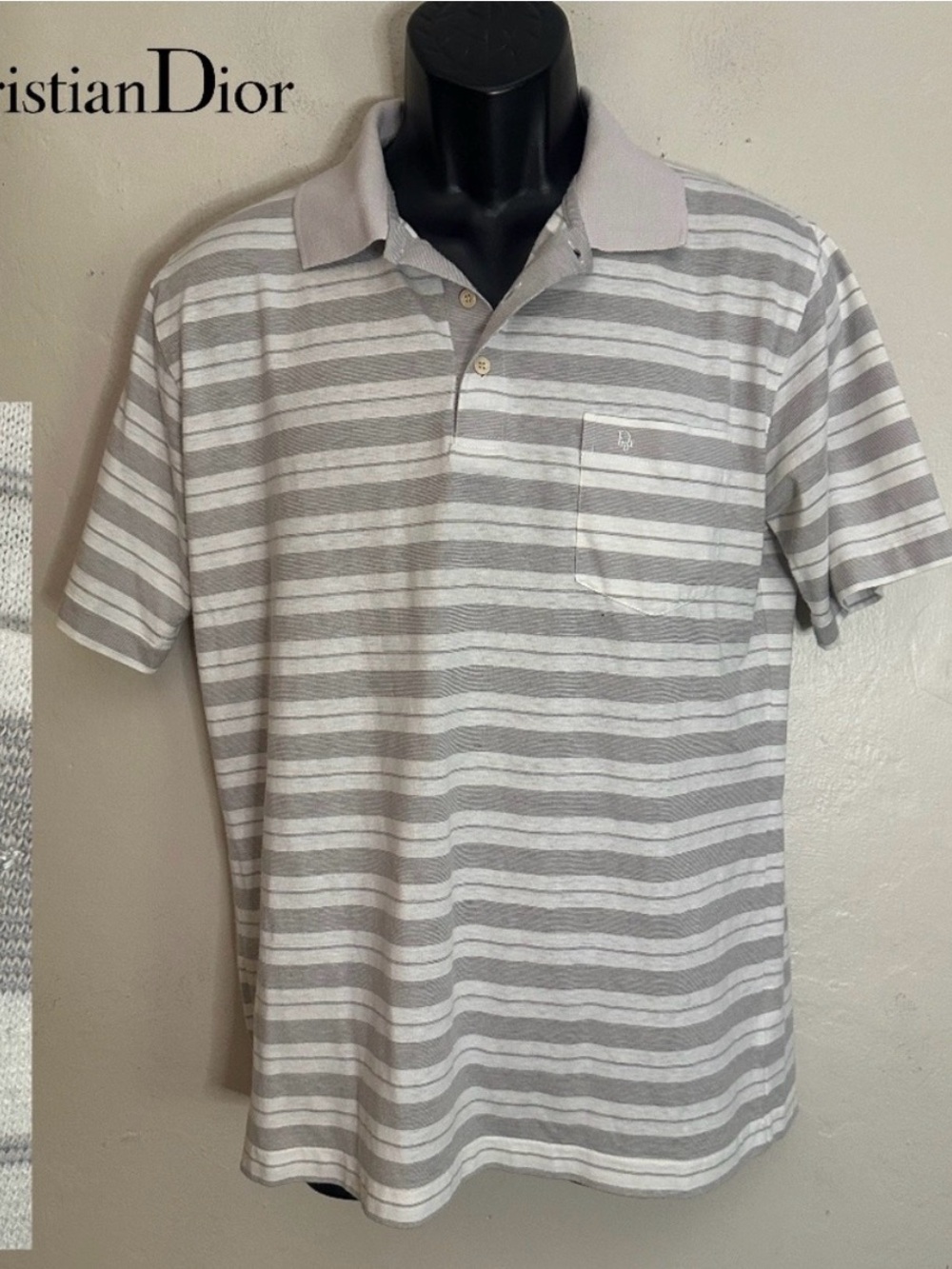 Dior Men’s Light Gray & White Striped Polo